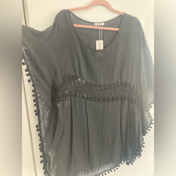 Black crochet pom pom trim coverup - Picture 2 of 10